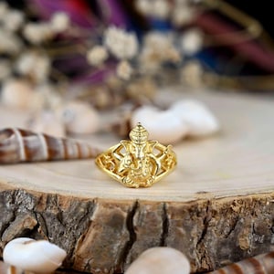 Pierścień Ganesha - Biżuteria Religijna - Pierścień Om - Złoty Pierścień - Mosiądz Ganesha - Biżuteria Ganesha - Prezent Dla Niego - Biżuteria Duchowa