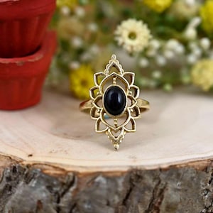 Handmade Black Obsidian Brass Ring: Boho Gemstone Jewelry