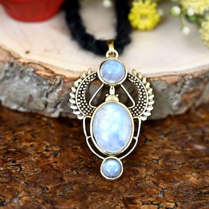Golden Scarab Moonstone Necklace / Talisman / Third Eye / Brass / Boho / Inca / Ethnic / Illuminati