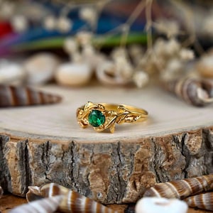 Emerald Engagement Ring Gold Dainty Birthstone Green Gemstone Brass Ring Promise Wedding Statement Jewelry