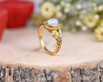 Brass Moonstone Ring: Minimalist Gold Gemstone Ring