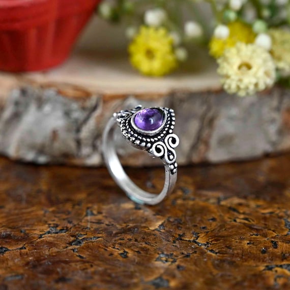 Natural Amethyst Ring Silver Ring Ring for Women Boho Hippie Ring