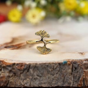 Gold Brass Ginko Leaf Ring: Botanical Nature Jewelry