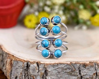 Anillo de turquesa natural de latón, piedra redonda, regalo para mujer