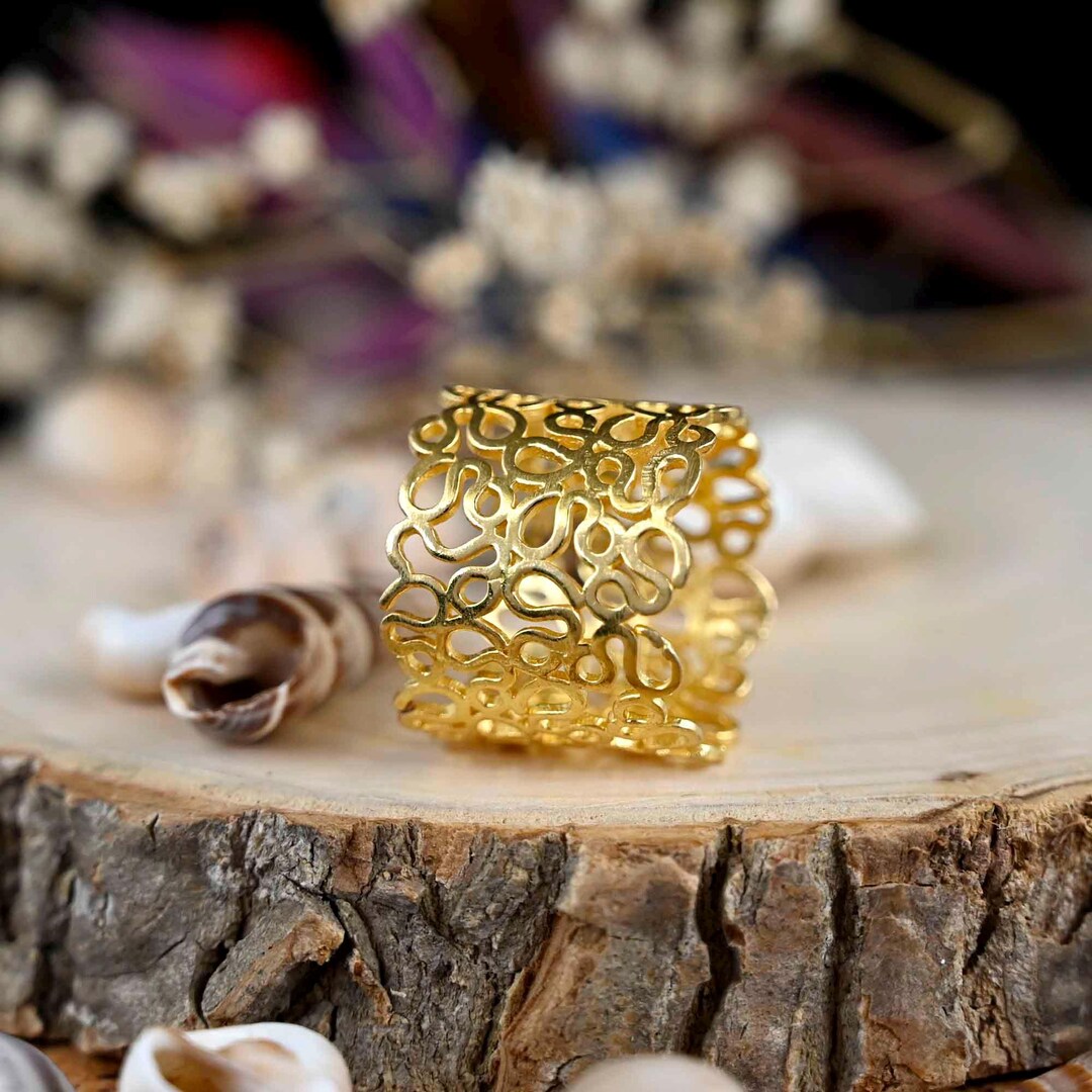 Filigree Rings Gold Plated Gold Plated Filigree Ring: Wide Openwork Brass Band - Etsy