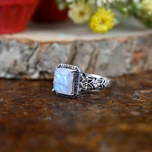 Rainbow Moonstone Ring: Sterling Silver Rectangle Stacking Ring