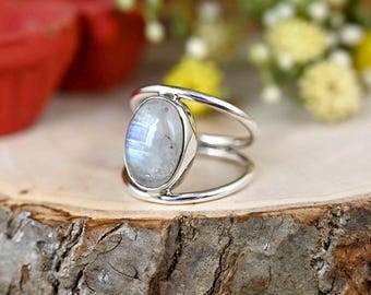 Natural Moonstone Ring: Oval Gemstone,  Silver Ring