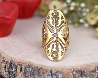 Long Statement Ring, Gold Brass Ring, Boho Rings for Women, Wide, Large, Full Finger, Big, Chunky, Cigar, Cuff, Tube, Bohemian Jewelry