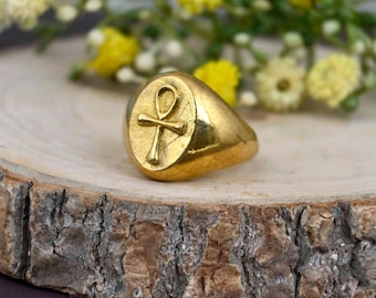 Gold Brass Ankh Ring: Egyptian Key of Life Cross Jewelry