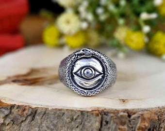Silver Ouroboros Ring: All Seeing Eye Talisman