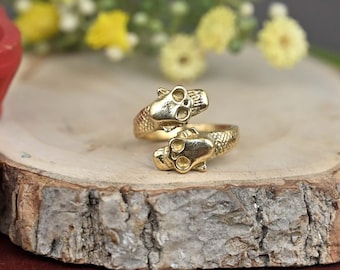 Brass Double Skull Ring: Adjustable Gold Tone Ring