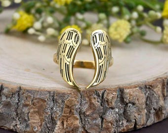 Brass Angel Wing Ring: Adjustable Boho Feather Ring