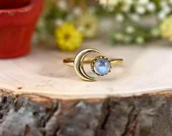 Verstelbare messing maansteenring: boho-sikkelmaansieraden