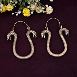 Brass Snake Hoop Earrings: Celestial Serpent Jewelry
