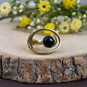 Handmade Black Obsidian Brass Ring: Boho Gemstone Jewelry