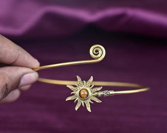 Tiger&#39;s Eye Sunburst Brass Upper Arm Cuff - Boho Goddess Bracelet