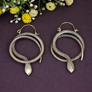 Brass Snake Hoop Earrings: Gothic Serpent Jewelry