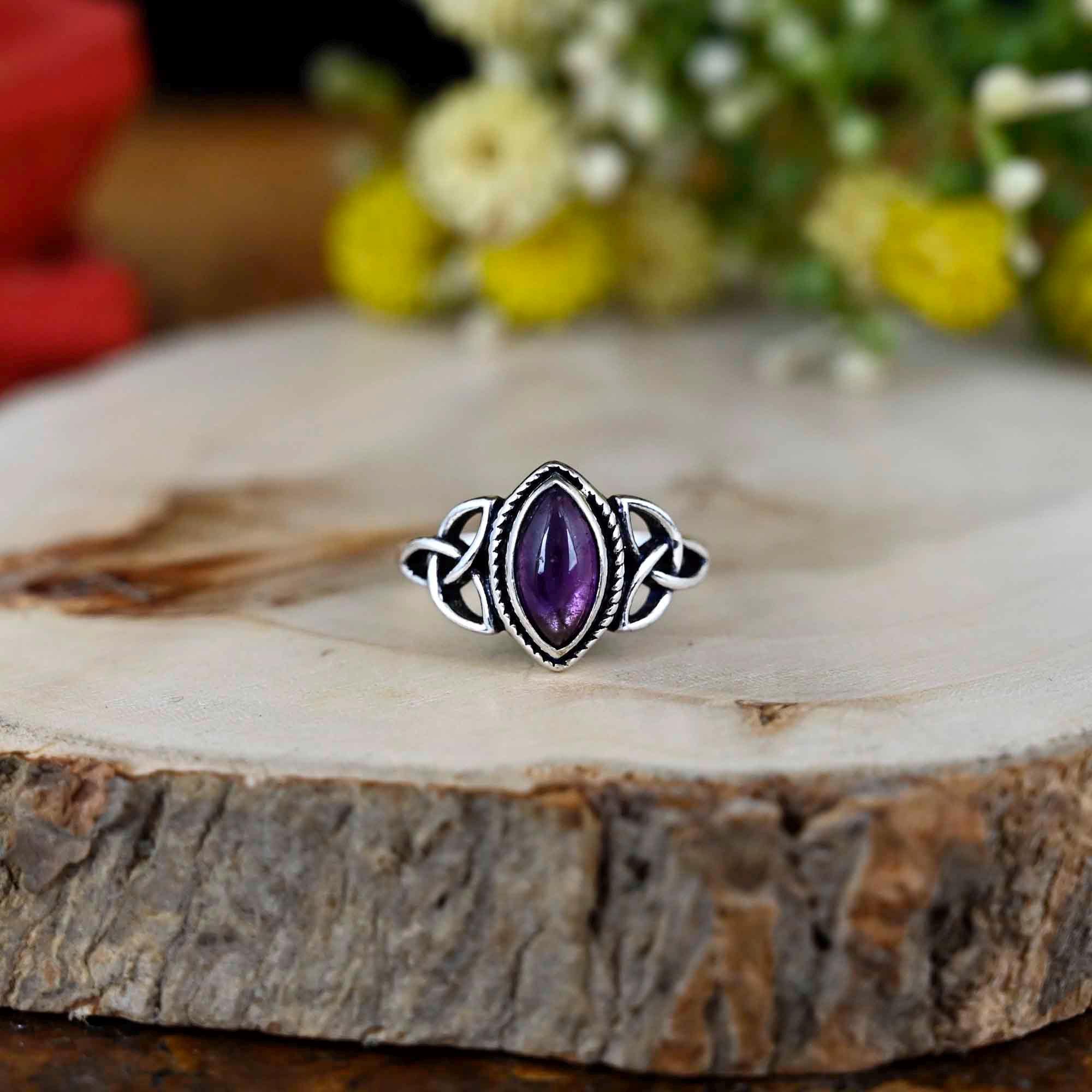 Sterling Silver Celtic Knot Ring With Simulated Amethyst – Size 10, 925 Silver Irish Design Band