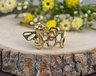 Dainty Gold Honeycomb Ring: Brass Bee Jewelry