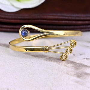 Labradorite Gold Arm Cuff: Minimalist Spiral Brass Armlet