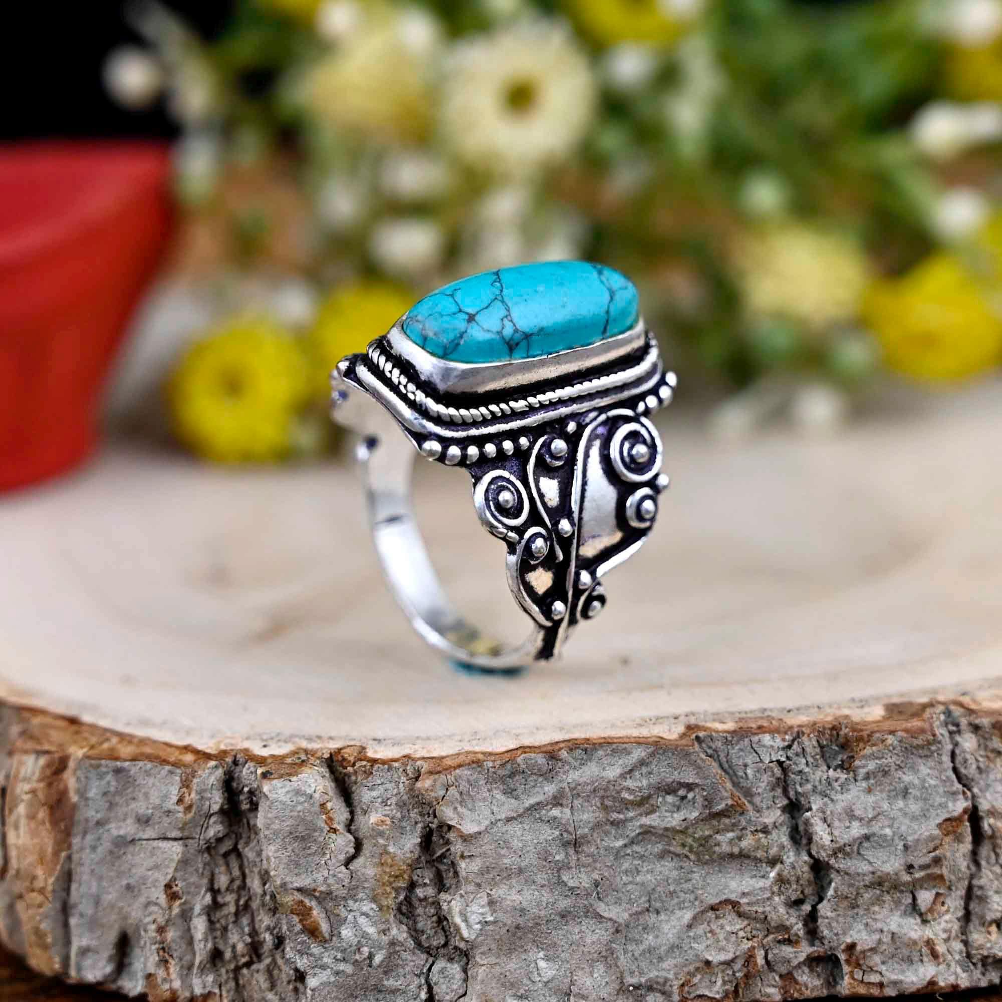 Silver Turquoise Statement Ring: Wide Band Boho Jewelry  display picture 2