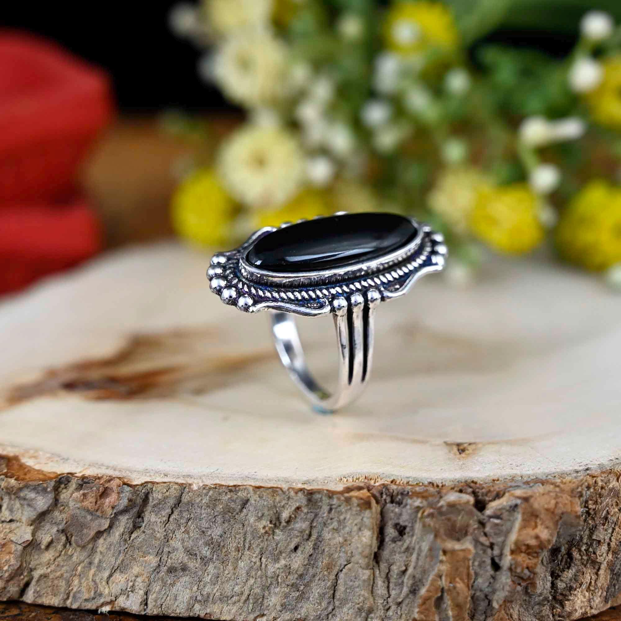 Anello Unisex In Pietra Nera Di Boemia E Cristallo Grigio AAA - Design Ovale Grande, Larghezza 38 Mm, Fatto A Mano, Vintage