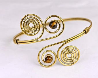 Gold Spiral Arm Cuff: Tigers Eye Gemstone Boho Bracelet