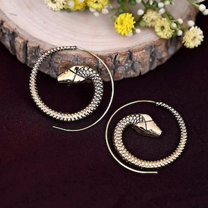 Brass Snake Hoop Earrings: Spiral Serpent Jewelry
