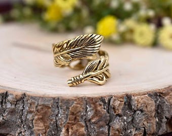 Gold Feather Ring: Adjustable Brass Angel Wings, Promise Ring