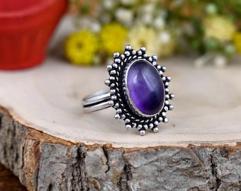 Oval Amethyst Ring, Silver Purple Quartz Jewelry Bridesmaid Ring Gift For Her