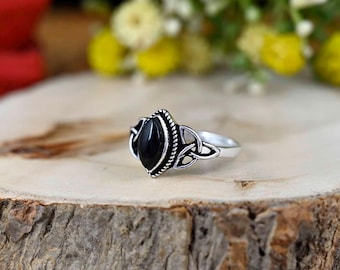 Black Obsidian Ring: 925 Sterling Silver Marquise Gemstone