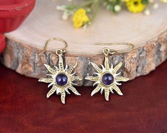 Brass Sun Earrings: Minimalist Celestial Dangle Earrings
