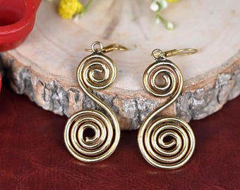 Spiral Brass Earrings: Bohemian Wire Swirl Dangle Earrings
