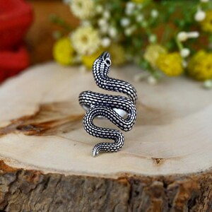 May include: A silver snake ring with a textured finish. The snake is coiled and has its head raised.
