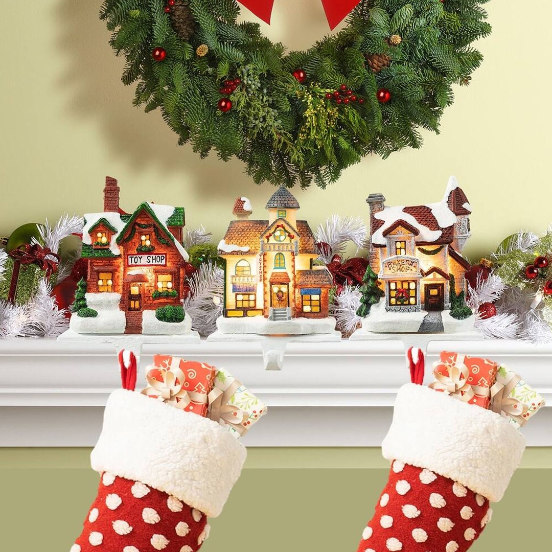 Set of 3 Christmas Resin Houses Stocking Holders for Mantel Etsy