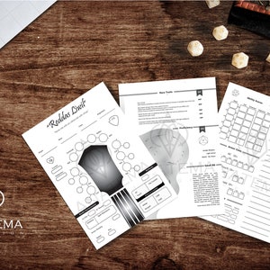 May include: A printable Dungeons and Dragons character sheet with the title "Reddas Livit" and a black and white illustration of a character. The sheet includes sections for race, class, ability scores, and other character information.