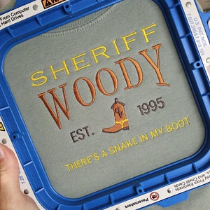 May include: A light blue sweatshirt with an embroidered design that says "Sheriff Woody Est. 1995 There's a Snake in My Boot".