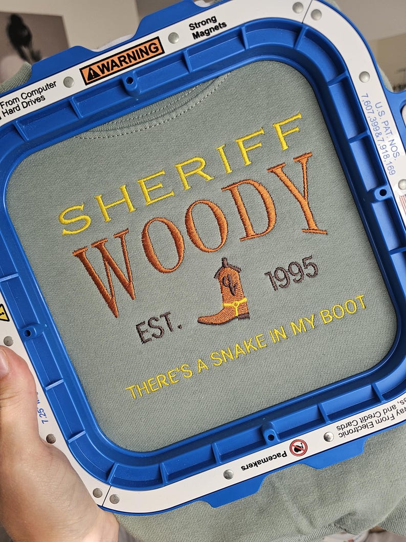 May include: A light blue sweatshirt with an embroidered design that says "Sheriff Woody Est. 1995 There's a Snake in My Boot".