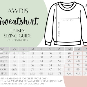 May include: A unisex sweatshirt sizing guide in centimeters. The guide includes measurements for chest, body, and sleeve length, with sizes ranging from XS to 5XL. The image also shows a diagram of a sweatshirt with measurement labels.
