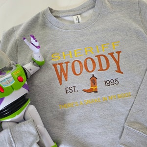 May include: Gray sweatshirt with a yellow, orange, and brown graphic print that says "Sheriff Woody Est. 1995 There's a snake in my boot".