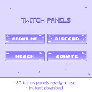 Pode incluir: Quatro painéis Twitch pixelados roxos e brancos com o texto "ABOUT ME", "DISCORD", "MERCH" e "DONATE". O texto "TWITCH PANELS" está na parte superior da imagem. O texto "35 twitch panels ready to use" e "instant download" está na parte inferior da imagem.
