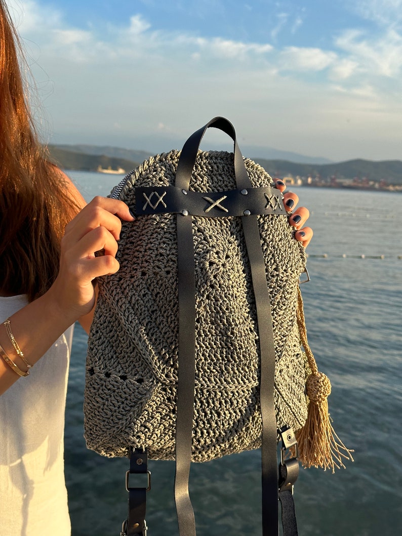 Handmade Crochet Backpack Grey image 3