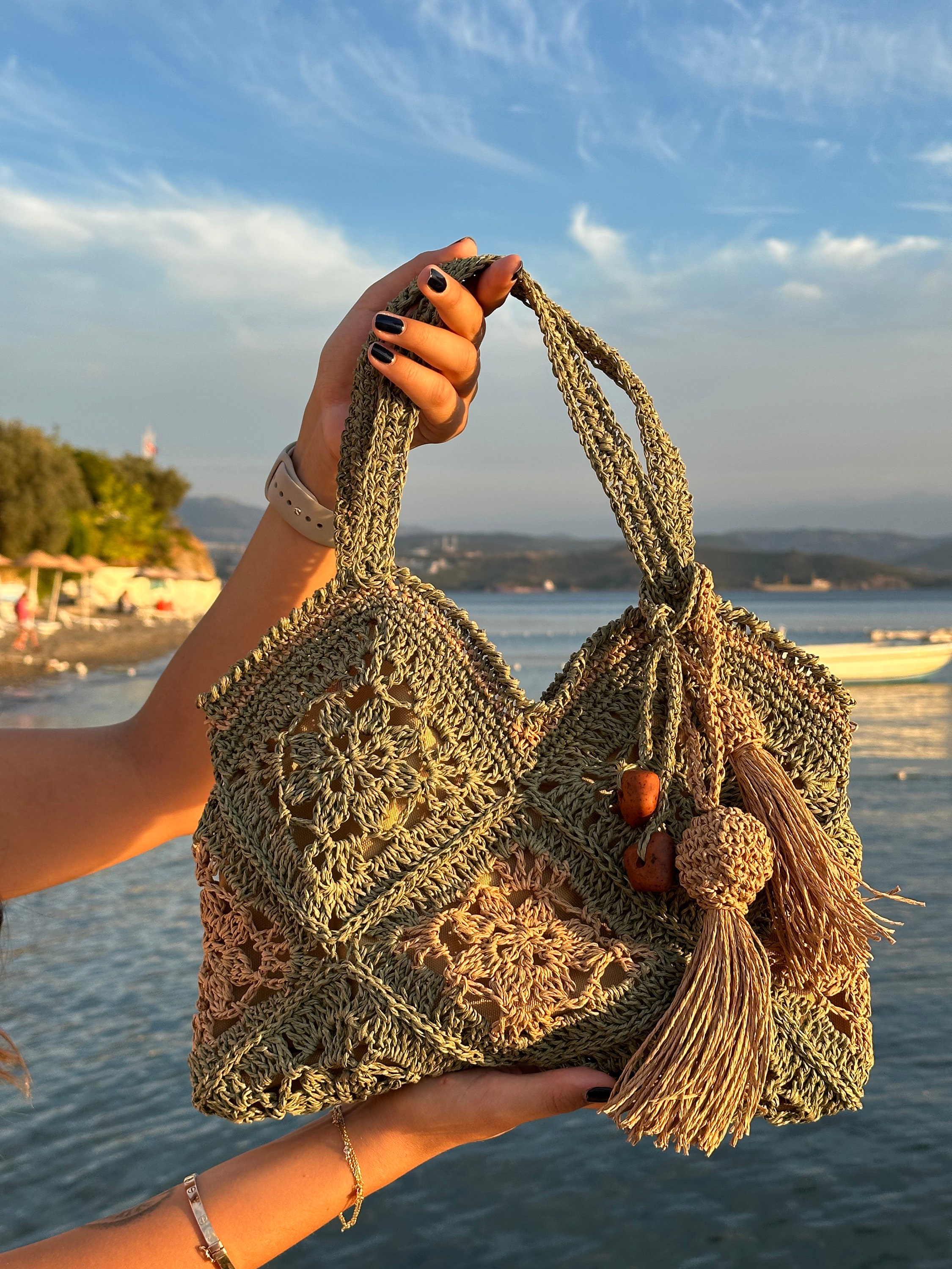 Beige Blue flowers Knitting Tote Bag Purse Lined Inner Pocket