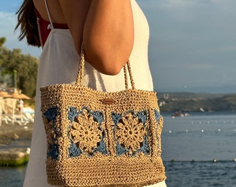 Handmade Blue and Beige Straw Crochet Top Handle Bag with Flower Pattern