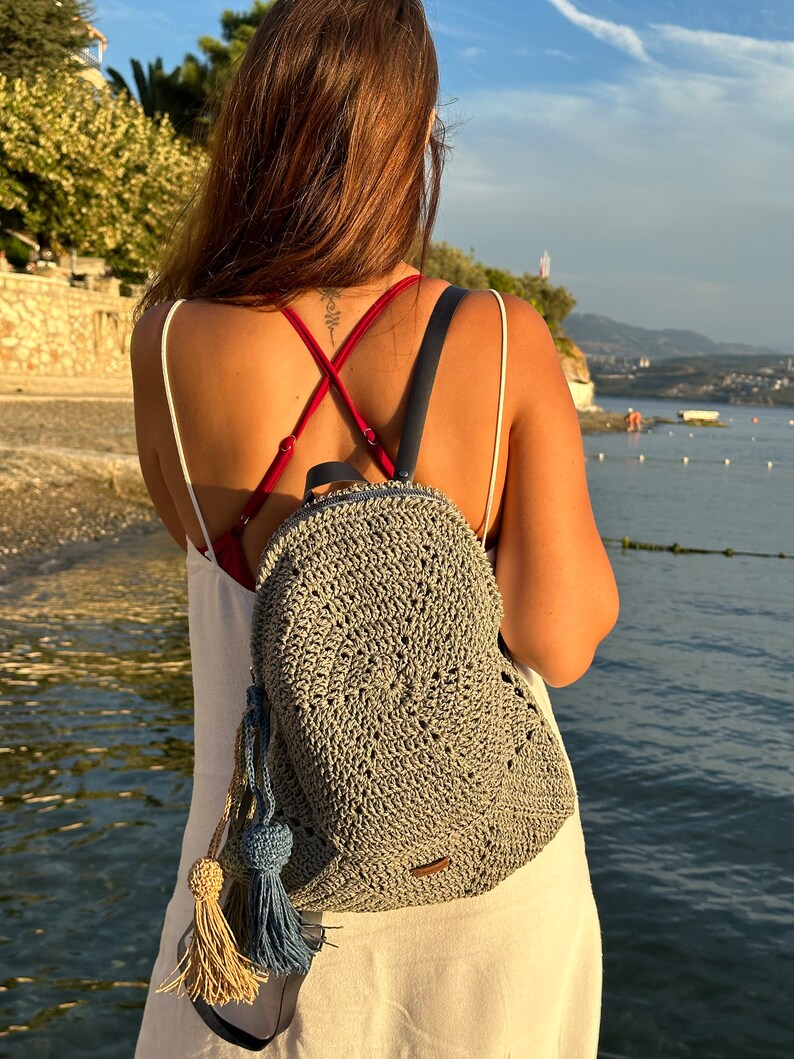 Handmade Crochet Backpack Grey image 1