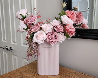 Pretty in Pink Arrangement| artificial flower arrangement real touch roses faux silk flowers in pink vase lasting gift home decor