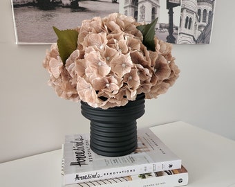 Coffee Hydrangea Artificial Flower Arrangement | silk faux real touch flowers in black pot everlasting gifts for her home interior decor