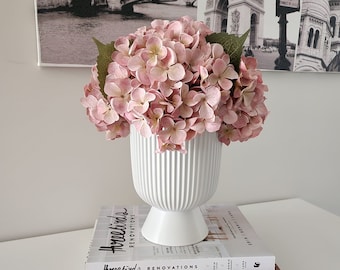 Dusty Pink Hydrangea Artificial Flower Arrangement | pink faux silk flowers in white pot everlasting gift ideas for her home interior decor