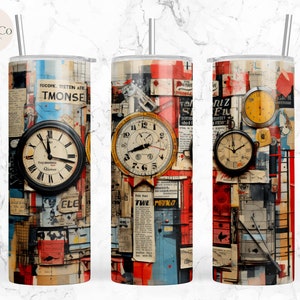 Scrapbooking 20 oz Skinny Tumbler Sublimation Design Digital Download PNG Instant DIGITAL ONLY, Collage Tumbler Wrap, Clocks, Collage Png