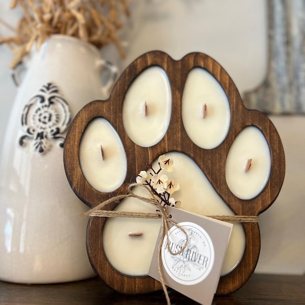 Paw Print Natural Wood Bowl Candle